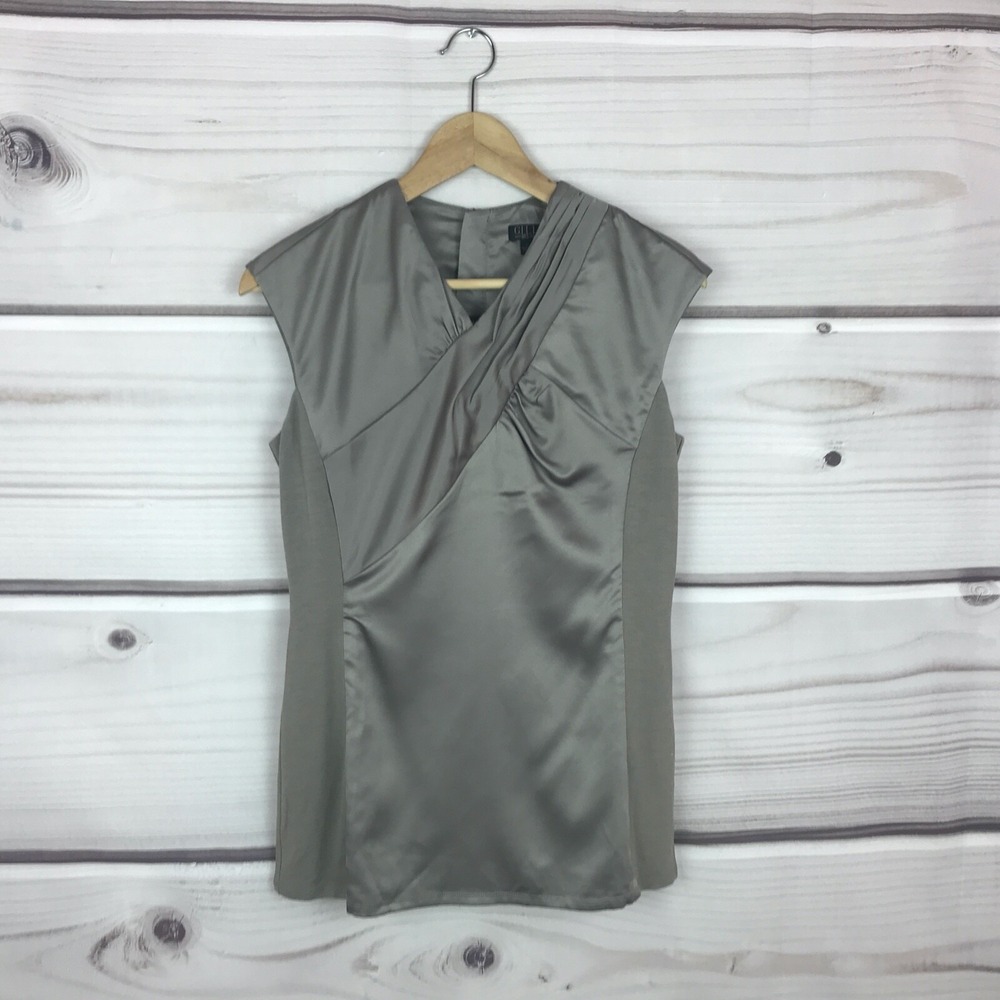G.I.L.I. Top Womens 6 Brown Satin Blouse Knit Panels Sleeveless V-Neck Solid